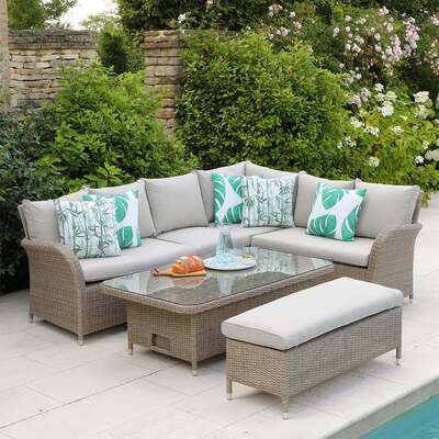 LG Outdoor Monaco Sand Rattan Weave Casual Dining Garden Furniture Corner Sofa Set with Height Adjustable Table