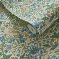 Image of William Morris Strawberry Thief Wallpaper Apple Green and Blush W0171/01