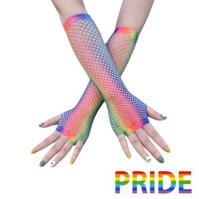 Adult Gay Pride Rainbow Fishnet Gloves - Long