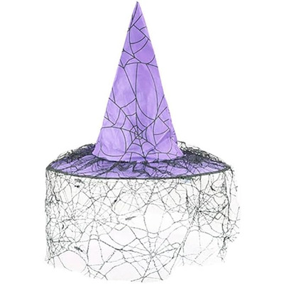 Adult Purple Spider Web Halloween Witch Hat With Lace Veil