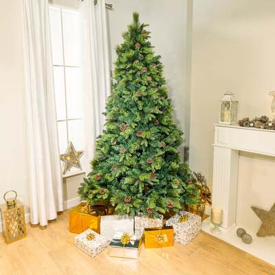 6ft - 7ft Deerfield Spruce Artificial PE Christmas Tree with Pine Cones, 7ft