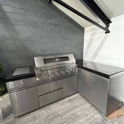 Ex Display Draco Grills 6 Burner Stainless Steel Outdoor Kitchen with Sear Station, 90 Degree Corner and Double Cupboard