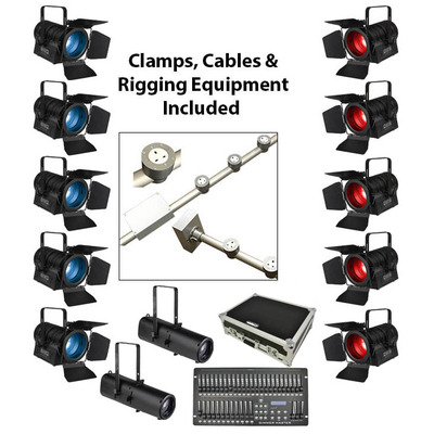 Complete Stage Lighting Installation Package with Powered Lighting Bars, LED Fresnels & Profiles