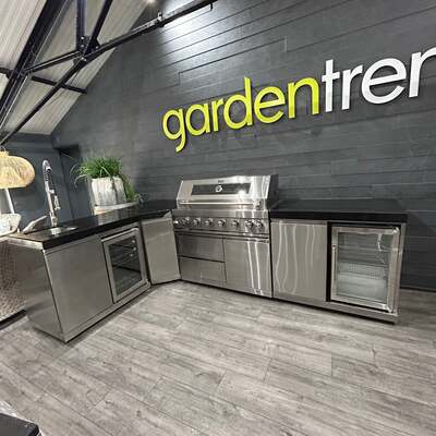 Ex Display Draco Grills 6 Burner Stainless Steel Outdoor Kitchen with Large 90 Degree Corner,  Single Fridge Unit and Sink and Fridge Unit