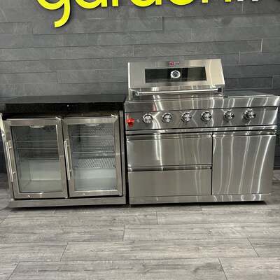 Ex Display Draco Grills 4 Burner Stainless Steel Outdoor Kitchen with Integrated Sear Station,  Double Fridge Unit and Sink Unit