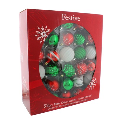 52 Piece Red, White & Green Bauble Pack