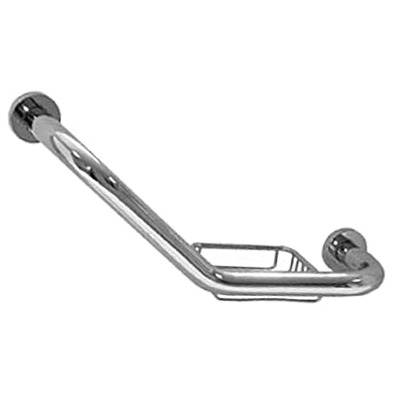 Angled Grab Rail With Wire Soap Dish, 25mm Dia Bar, 400mm Long, Chrome Finish - 80023 CHROME PLATED