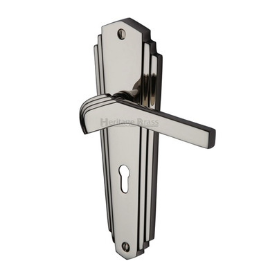 Heritage Brass Waldorf Art Deco Style Door Handles, Polished Nickel - WAL6500-PNF (sold in pairs) LOCK (WITH KEYHOLE)