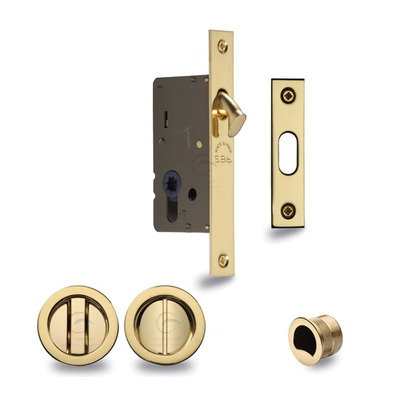 Heritage Brass Round Flush Handle Sliding Door Privacy Lock Set (40mm OR 50mm Backset), Polished Brass - RD2308-PB 40mm ROUND FLUSH HANDLE - POLISHED BRASS