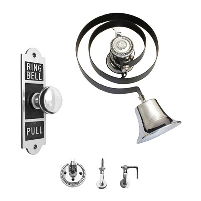 Prima Butlers Bell On Black Spring With Shaped Oblong Enbossed Pull, Polished Chrome - BH1006BC POLISHED CHROME