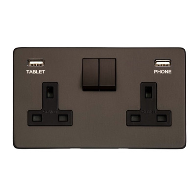 M Marcus Electrical Studio Double 13 AMP Switched Socket, Matt Bronze (Black Trim) - Y09.255.DBZ-USB MATT BRONZE - BLACK INSET TRIM