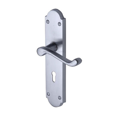 M Marcus Project Hardware Kensington Design Door Handles On Backplate, Satin Chrome - PR7048-SC (sold in pairs) LOCK (WITH KEYHOLE)
