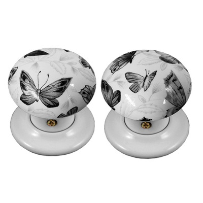 Chatsworth Novelty Porcelain Mortice Door Knobs, Black Butterflies - BUL602-7-BUTTERFLIES (sold in pairs) PORCELAIN BUTTERFLIES MORTICE KNOB