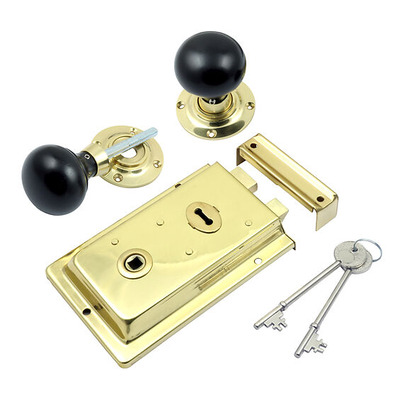 Prima Rim Lock (155mm x 105mm) With Ebony Mushroom Rim Knob (57mm), Polished Brass - BH1023PB (sold as a set) POLISHED BRASS RIM LOCK WITH MUSHROOM EBONY KNOB
