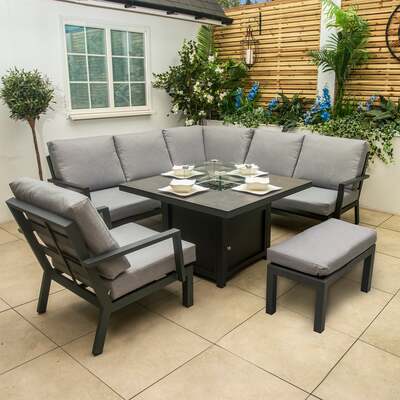 Bracken Outdoors Miami Dark Aluminium Compact Corner Set with Fire Pit Table and Bench and Arm Chair, End of May 2024