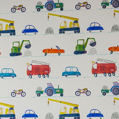 Harlequin Just Keep Trucking Wallpaper Tomato Red/Marine/Gecko Green HLTF112643
