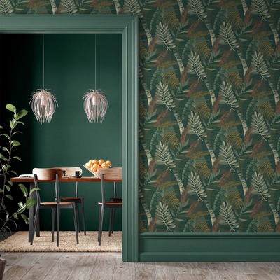 Sarika Leaves Wallpaper Green/Orange Belgravia Decor 1603