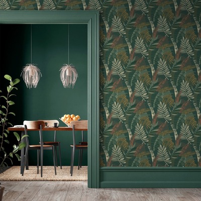 Sarika Leaves Wallpaper Green/Orange Belgravia Decor 1603
