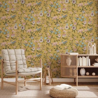 Eleanor Floral Wallpaper Yellow Ochre Fine Decor FD43446
