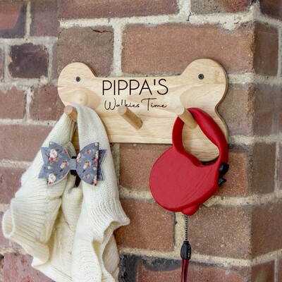 Personalised Wooden Bone Shaped Dog Lead Holder

