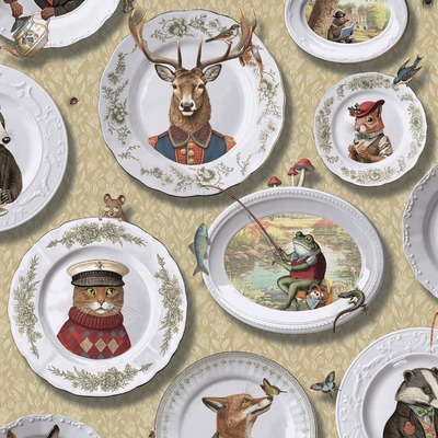 Animals Vintage Tea Party Wallpaper Ochre Holden 13940
