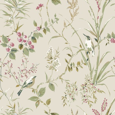Mariko Bird Floral Wallpaper Natural / Pink Crown M1855
