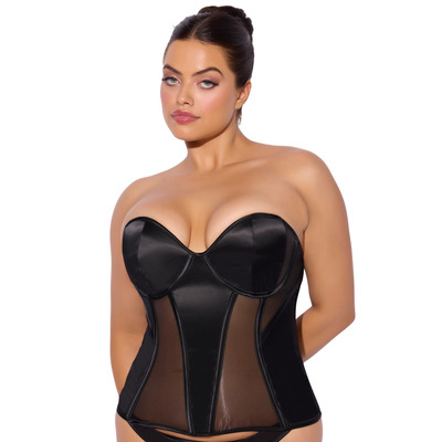House Of Desire Juliet Satin & Mesh Plunge Underwire Corset - Black - 3X/4X
