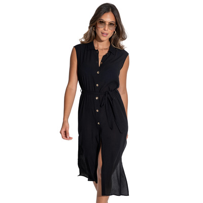 Pour Moi Sleeveless Crinkle Maxi Beach Shirt Dress - Black