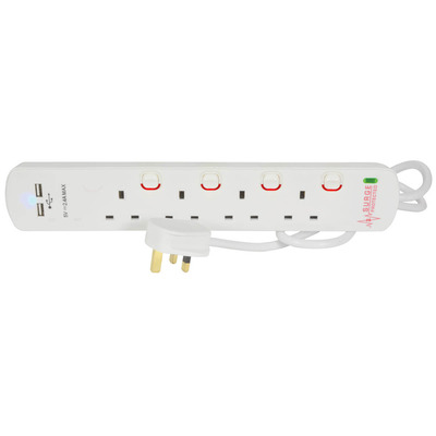 4 Gang Extension Lead with Surge Protection and Dual USB - White 2m