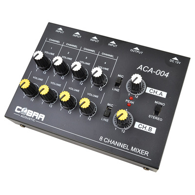 8 Channel Line and Microphone Mixer, 6.3mm Jacks, W/Power Supply