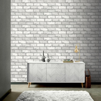 Metallic Brick Wallpaper White / Silver Arthouse 692201