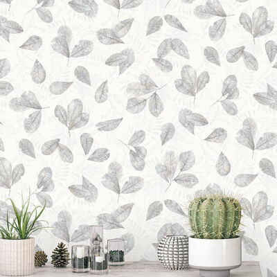 Evergreen Fossil Leaf Toss Wallpaper Grey  Galerie 7301