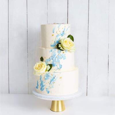 Three Tier Watercolour Rose Wedding Cake - Blue - Three Tier (10", 8", 6")