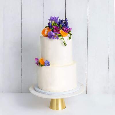 Two Tier Decorated White Wedding Cake - Purple & Orange - Two Tier (8", 6")