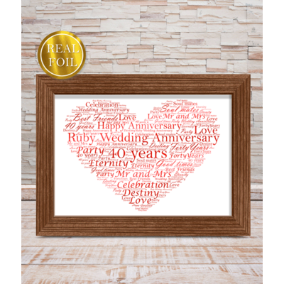 40th Ruby Wedding Anniversary Gift - Metallic Foiled Word Art Print