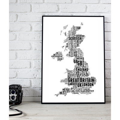 Personalised UK Map Word Wall Art Picture Print Frame
