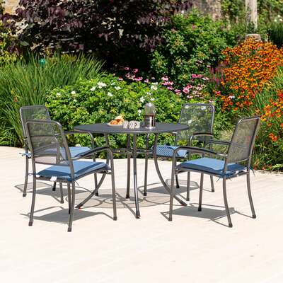 Alexander Rose Portofino 4 Seater Metal Garden Furniture Set with Round Table & Armchairs, With Blue Cushions