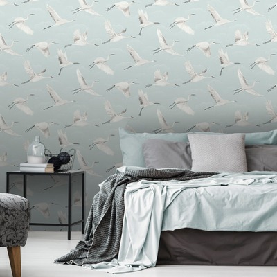In Flight Cranes Wallpaper Duck Egg World of Wallpaper AF0004