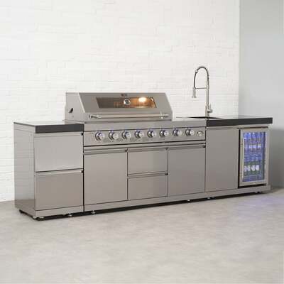 Draco Grills 6 Burner BBQ Modular Outdoor Kitchen with Double Drawers, Single Fridge and Sink Unit, Available Now / Without Granite Side Panels