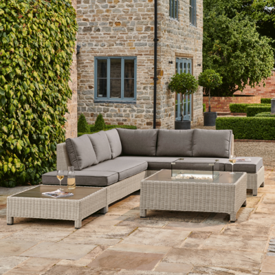 Kettler Palma Low Lounge Corner White Wash Wicker Outdoor Sofa Set With Firepit Table