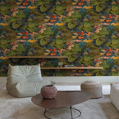 Koi Tropical Fish Wallpaper Green and Orange Grandeco WL2402
