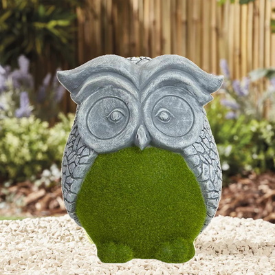 15cm Flocked Grass Effect Owl Garden Statue Ornament