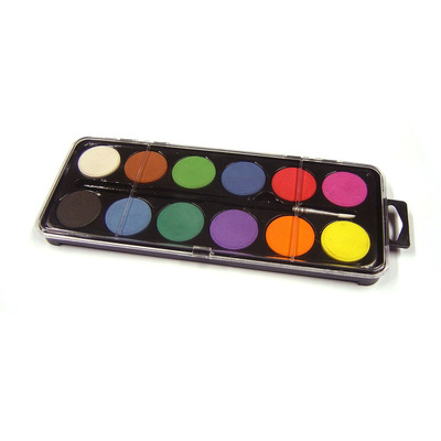 12 Disc Watercolour Paint Palette Case & Brush Set