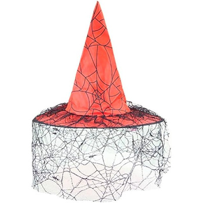 Adult Red Spider Web Halloween Witch Hat With Lace Veil