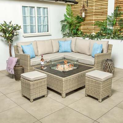 Kettler Palma Mini Corner Oyster Wicker Outdoor Sofa Set with Low Fire Pit Table