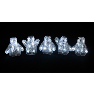 Set of 5 12cm Acrylic White Penguins with 40 Ice White LEDs