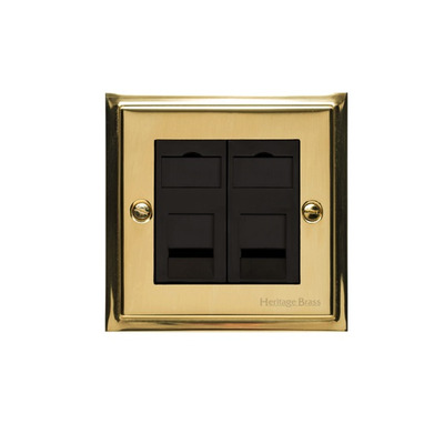 M Marcus Electrical Elite Stepped Plate 2 Gang Telephone & Data Sockets, Polished Brass, Black Or White Trim - S01.956/957 POLISHED BRASS - SECONDARY LINE, BLACK INSET TRIM