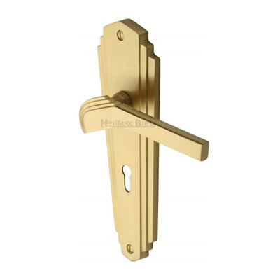 Heritage Brass Waldorf Art Deco Style Door Handles, Satin Brass - WAL6500-SB (sold in pairs) LOCK (WITH KEYHOLE)
