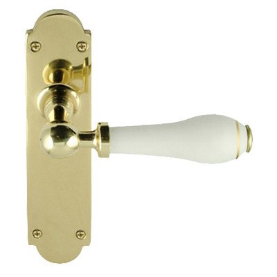 Chatsworth White Porcelain With Single Chrome Line Door Handles, Polished Brass Backplate - PBBUL29-WHI-1GL (sold in pairs) LATCH