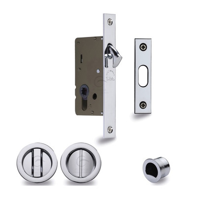 Heritage Brass Round Flush Handle Sliding Door Privacy Lock Set (40mm OR 50mm Backset), Polished Chrome - RD2308-PC 40mm ROUND FLUSH HANDLE - POLISHED CHROME
